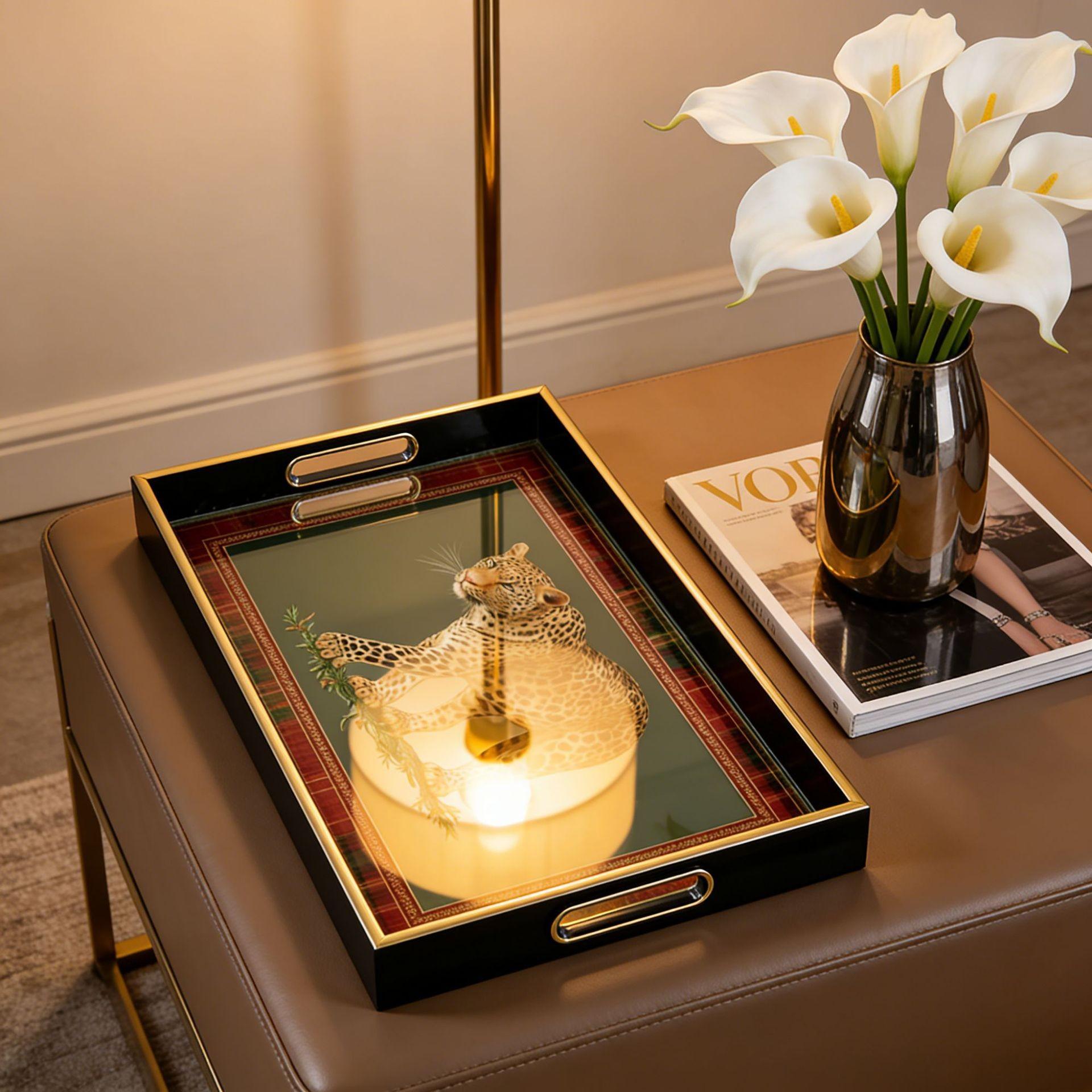American Style Luxury Retro Leopard Print Tray, Rectangular Tea Tray with Handles, Living Room Decor Storage Dish, Elegant Home Accessory