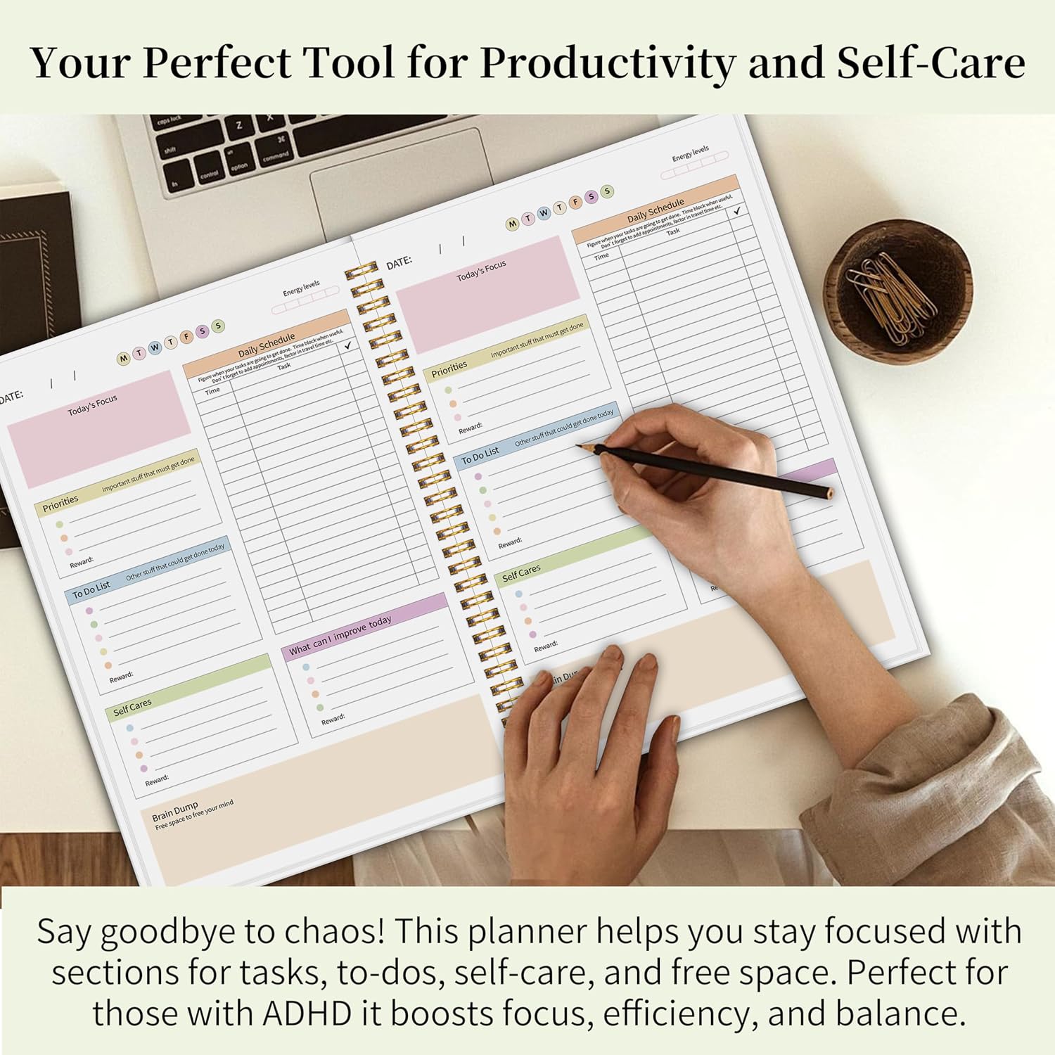 Daily Planner with Hard Cover & Colorful Sheets Inside,Productivity Planner Task Management Organizer for Neurodivergent Adults Focused for Men & Women, 7" x 10"