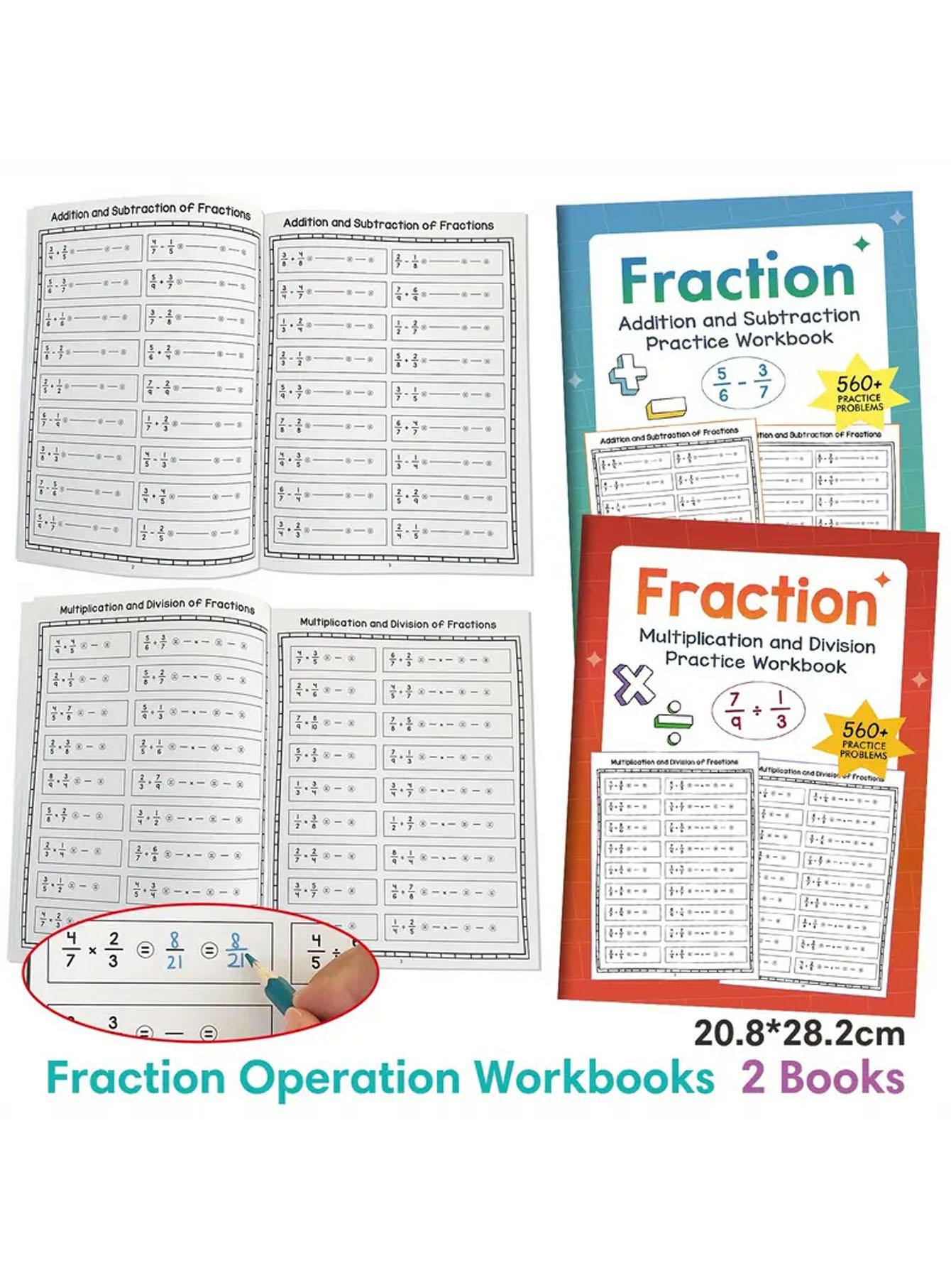 Elementary Math Workbook Set, Focuses on Basic Fraction Calculations, Includes Guided Addition Subtraction Multiplication Division Practice, Math Worksheets, Math Exercises