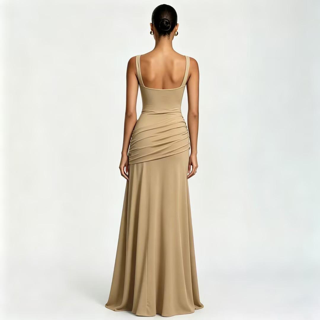 Women's 2026 Spring Summer Sleeveless Solid Color Cinched Waist Flared Formal Dress, European American Elegant Cocktail Party Evening Dress