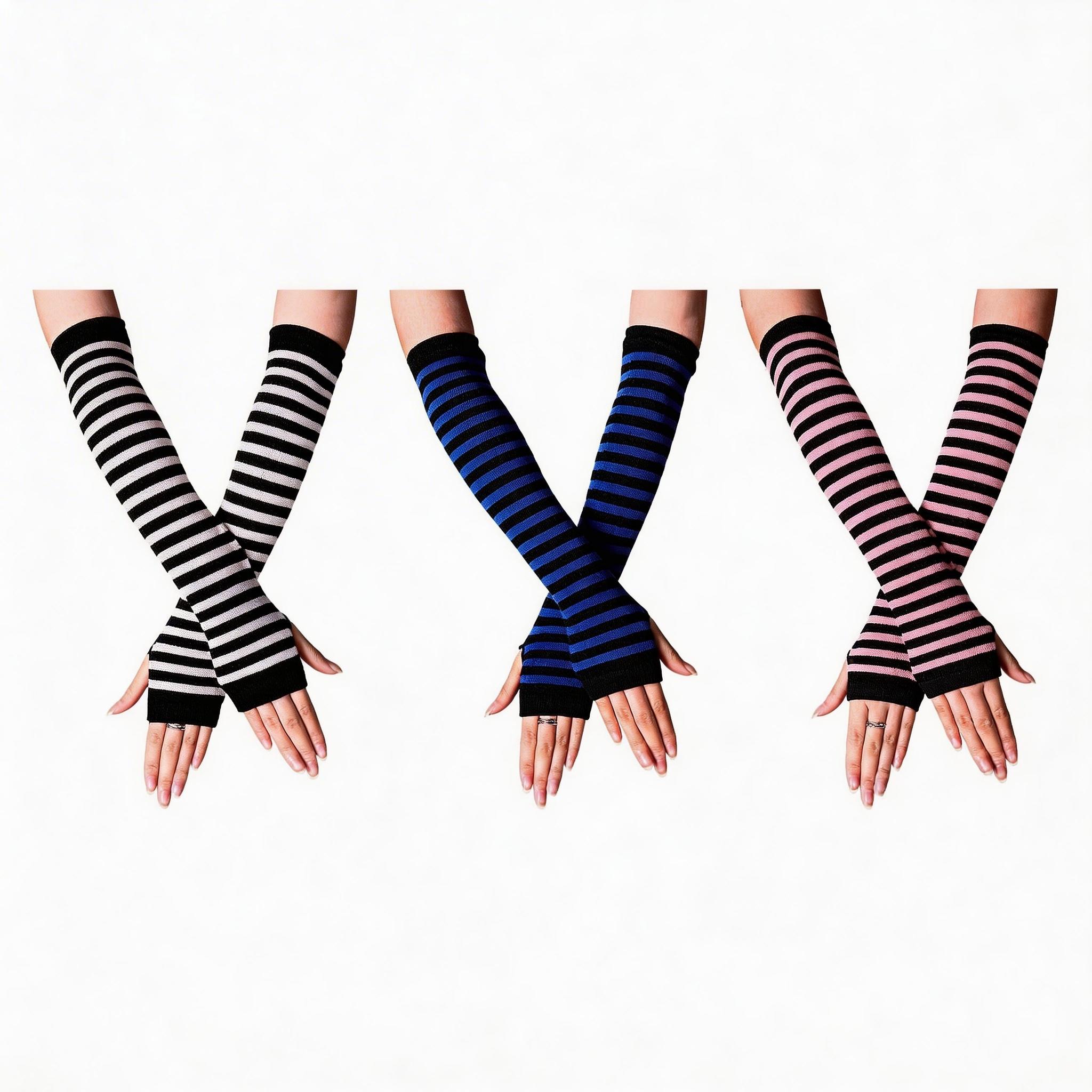Women's Gothic Punk Striped Half-Finger Gloves, Knit Arm Warmers with Thumb Hole, Elastic Wrist and Arm Warmth, Fashionable Striped Design