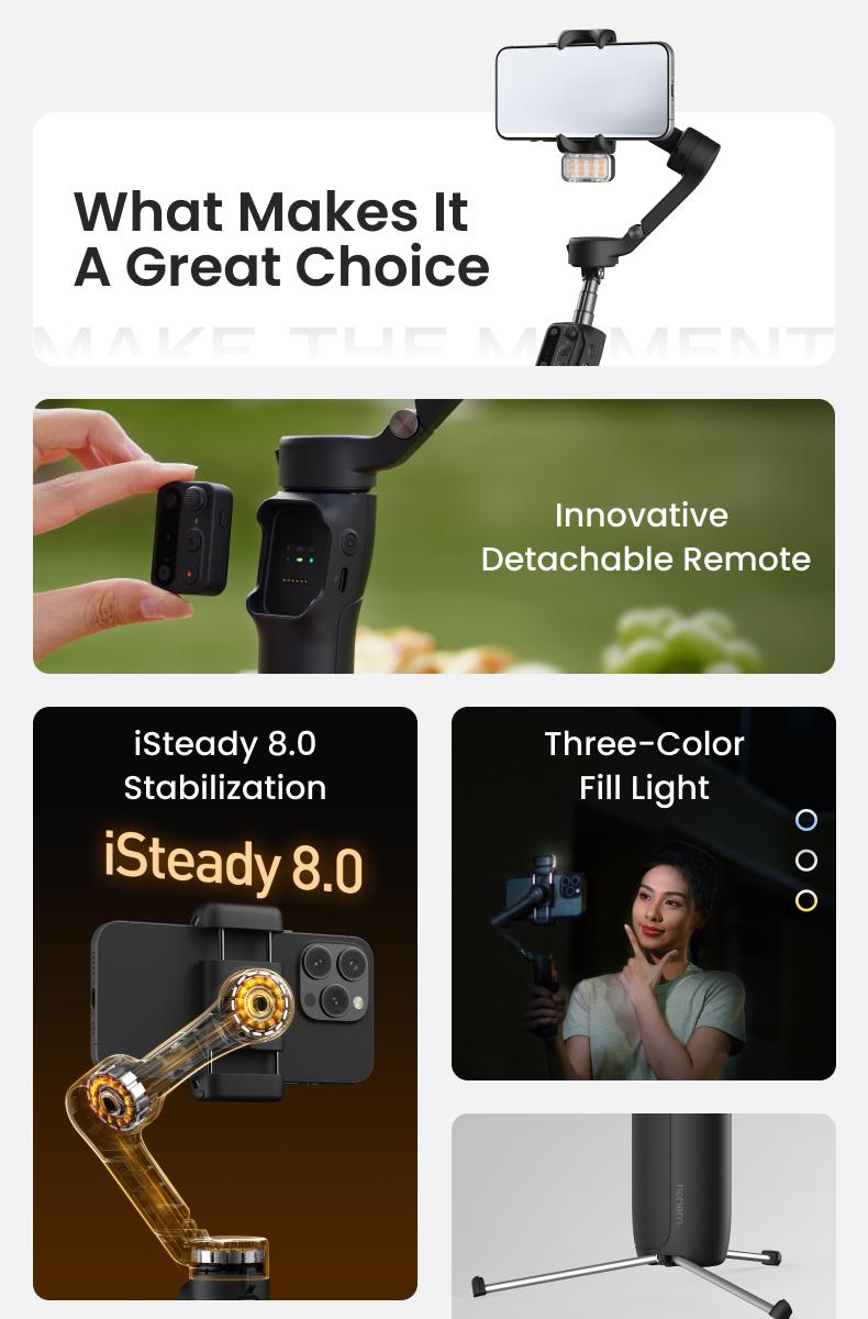 hohem iSteady X3 Gimbal Stabilizer for iPhone, Smartphone Gimbal with Detachable Remote Control, Portable Foldable 3-Axis Phone Gimbal for Android & iPhone 17 series, Built-in Tripod, Built-in Extendable Rod,Vlog Stabilizer
