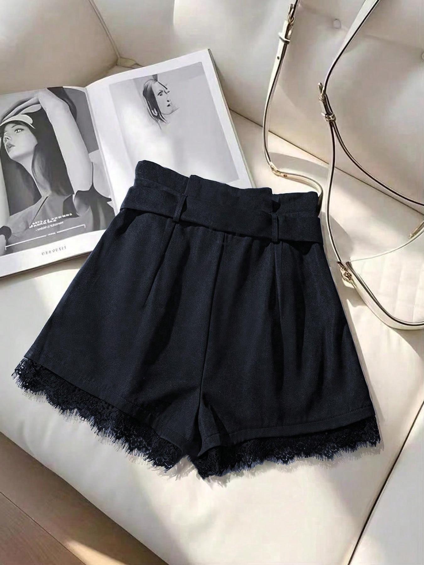 Women's Summer Shorts Elegant Series Fashion Versatile (with Belt), Fitted Design Contrast Lace, Plain Pattern Short Pants