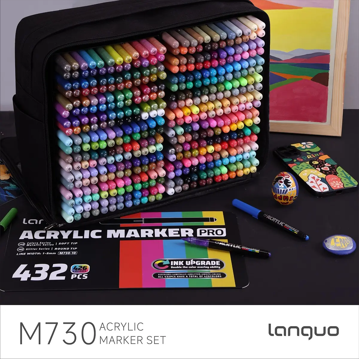 Languo Ink Pro Marker Pens, 432 Pieces/426 Colors Set, Vibrant Acrylic Markers, Strong Coverage, Fabric Storage Bag, Back-To-School Gift