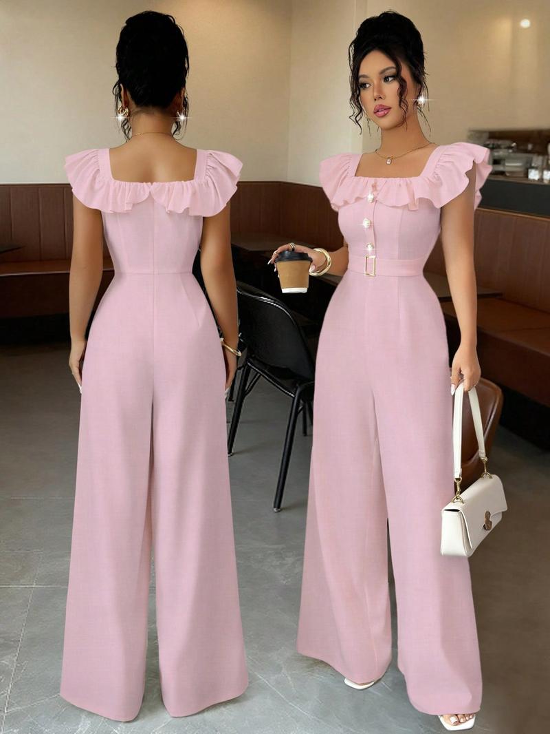 New Women's Square Neck Ruffle Mock Front Belted Button Pants, Casual Fitted Long Pants for Spring & Fall, Elegant Commuter Wear Jumpsuit