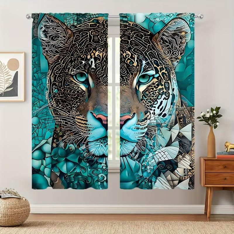 Polyester Material High-Definition Digital Print Blue Tiger Pattern Curtains, Light Filtering Drapes for Bedroom Living Room Office Home Decor
