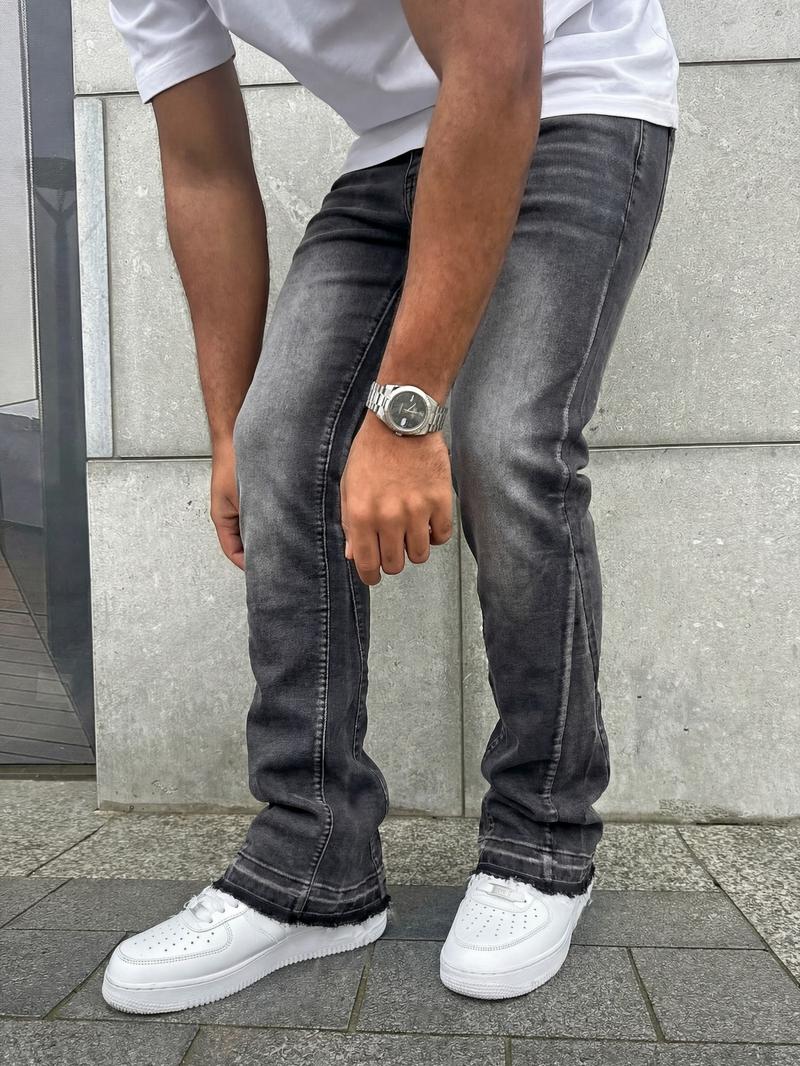Men's Deep Washed Vintage Slim Fit Bell Bottom Jeans, Trendy Versatile Rock American Streetwear Denim Jeans