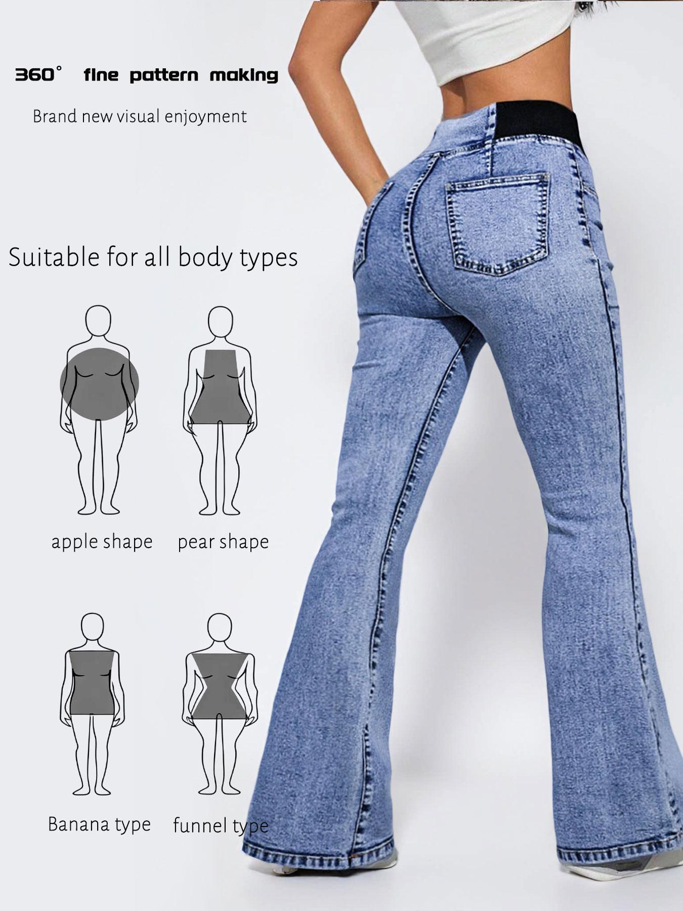GILIPUR Y2K 2026 Women's Back Shirred Jeans, Pants, Mid-High Waist Elastic Waist Flared Jeans, With Pockets, Light Blue Washing Process, Waist-Cinching Design, Yes Denim, Bootcut Jeans, T-Chic