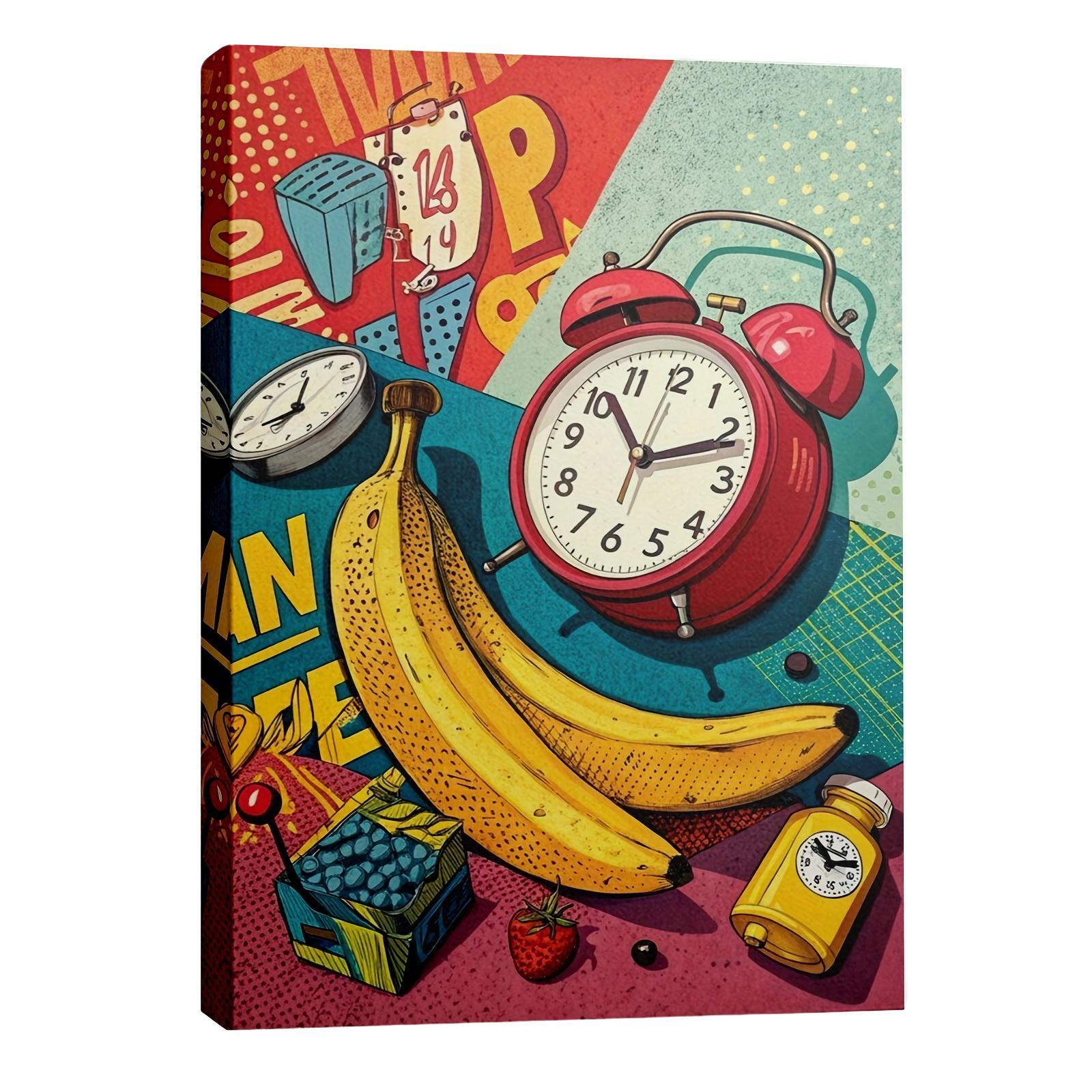1pc Cute Banana Clock Canvas Art Print, Unframed Wall Decor for Kitchen Living Room Bedroom Office, Cartoon Style High-Quality Poster