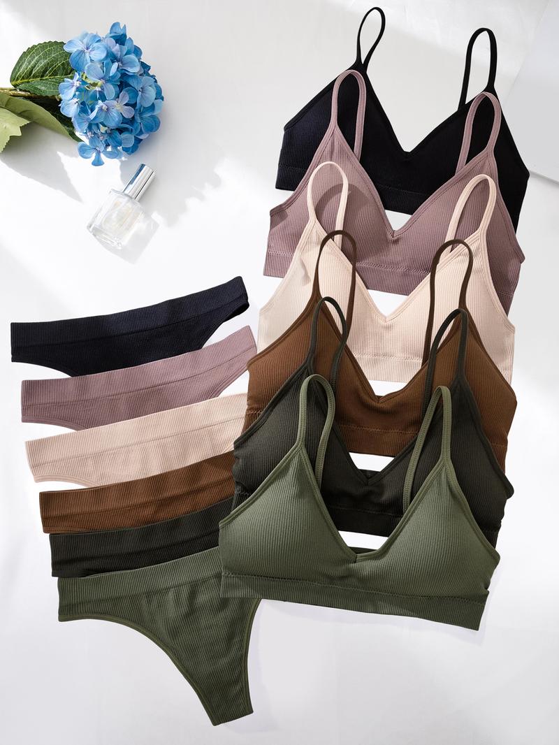 Women's Solid Wireless Bra & Panty Set, Comfy Breathable Replaceable Chest Pads Bra & Panty Set, Softness Underwear Set for Women, Casual Soft Panties