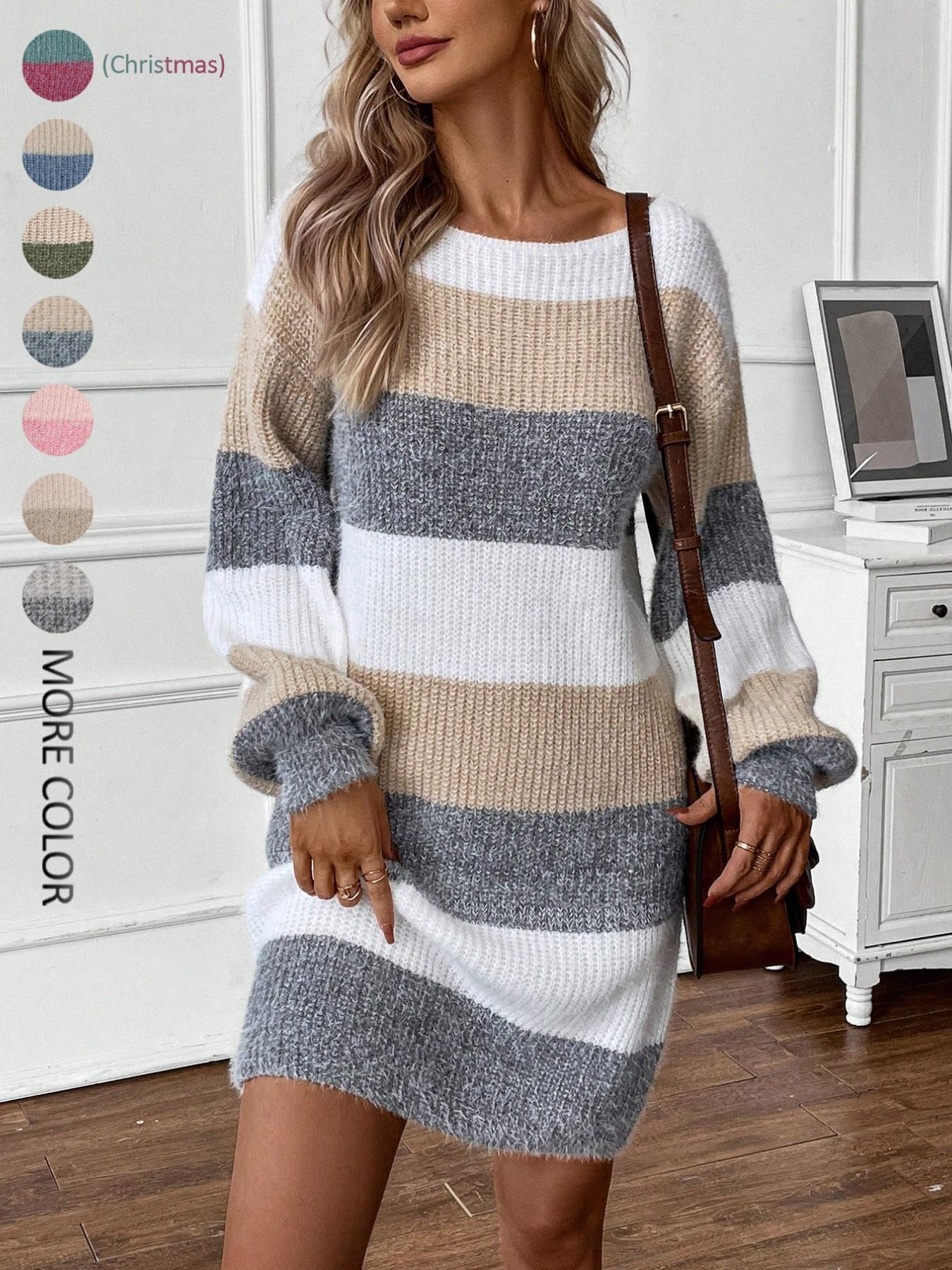 Women's Colorblock Striped Sweater Dress, Elegant Fashion Style, Perfect for Fall & Winter, Daily Wear, Parties, Dates