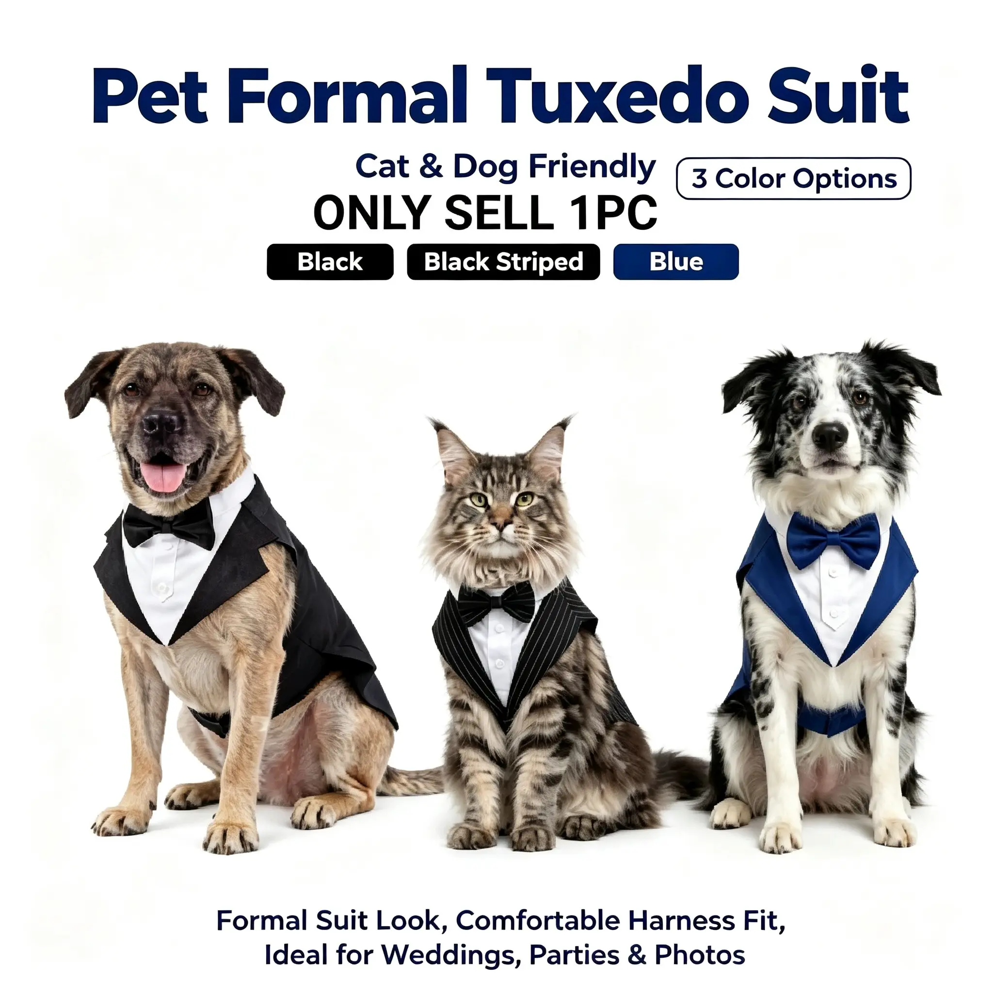 Pet Tuxedo 2‑Piece Set (Collar + Suit Vest), Built‑in Bow Tie, Fit for Cats & Dogs, Costume, 3 Colors: Solid Black / Blue / Black Striped, Soft Breathable, Easy Wear‑off, for Wedding Birthday Party！