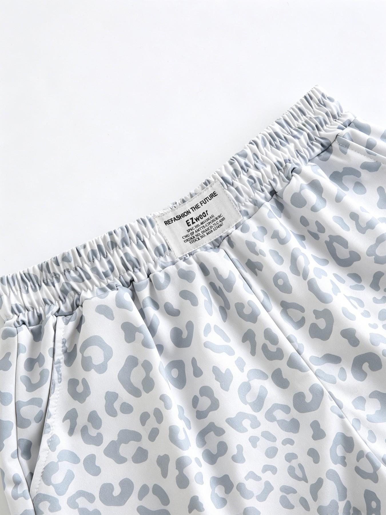 Women's 2-Piece Casual Leopard Print Loose Fit Short Sleeve T-Shirt and Elastic Waist Shorts Set for All Seasons Clothes