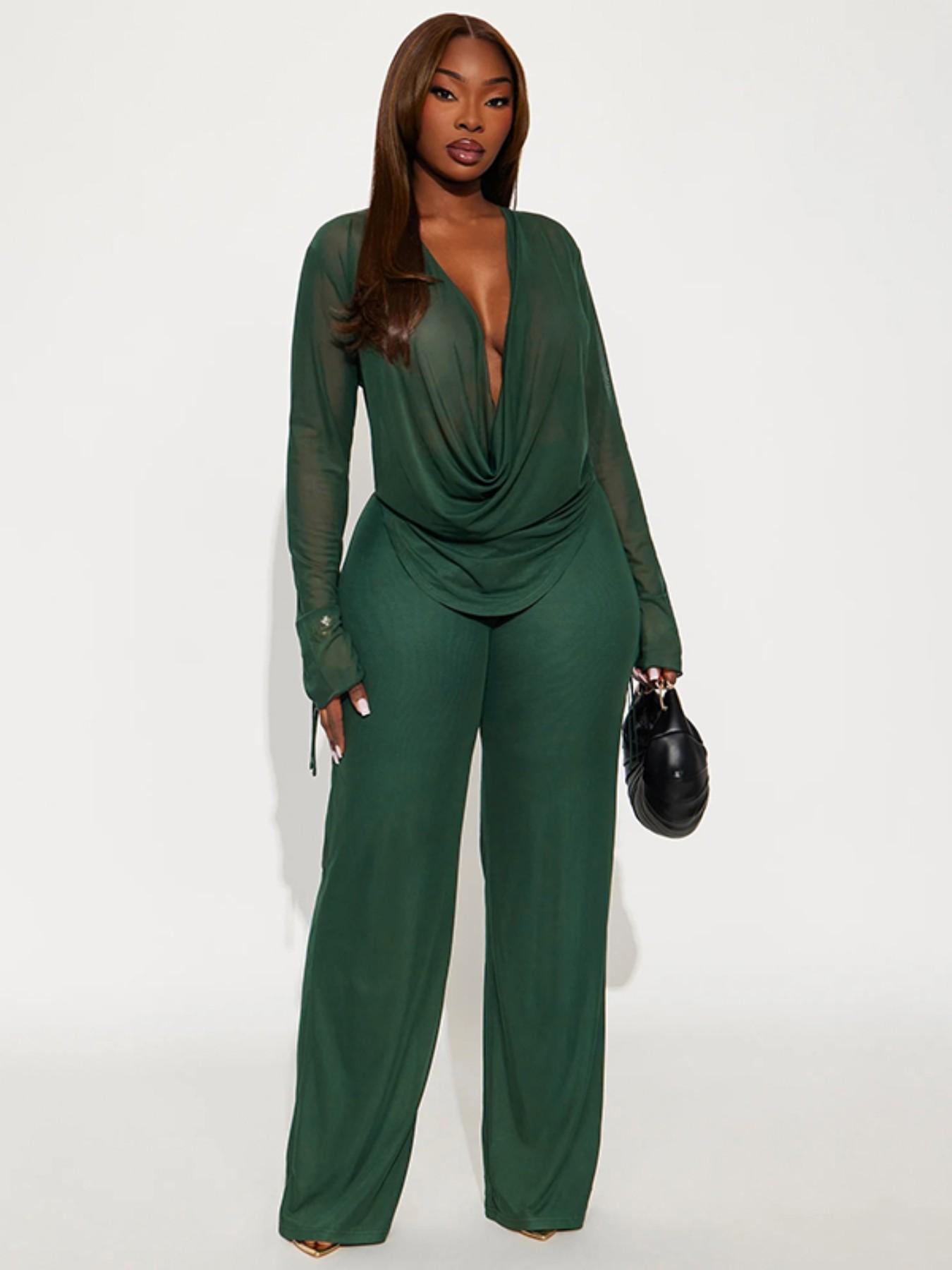 Women's Fashion Casual Two-Piece Set, Deep V Mesh Top & Wide Leg Pants, Trendy Long Sleeve Tie Design, Perfect for Daily Wear
