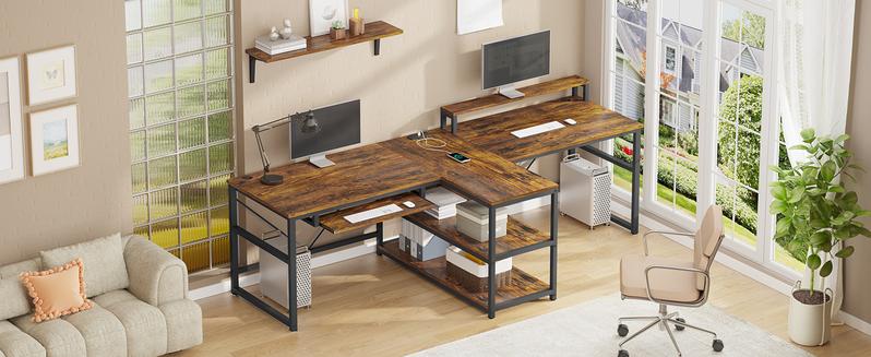 SEDETA 94.5" Home Office Desks, Computer Gaming Desk with Storage, LED Lights, Power Strip with USB, Keyboard Tray & Monitor Stand, Extra Long Double Desk for 2 Person