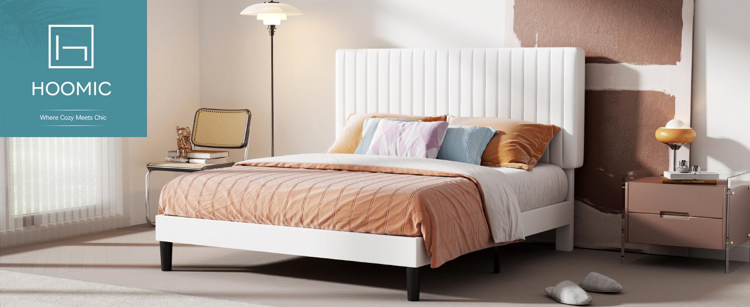 HOOMIC Modern Velvet Upholstered Platform Bed Frame【Frame Only No Mattress】with Adjustable Vertical Channel Tufted Headboard,Wooden Slats Support,Full/Queen/King,No Box Spring Needed