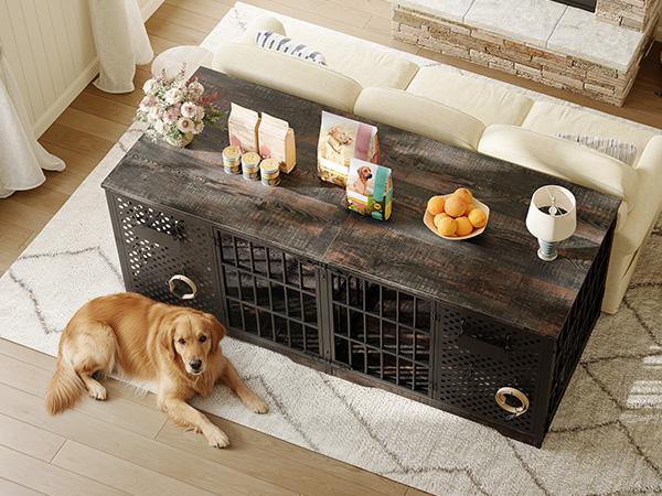 HOOBRO Dog Crate Furniture for 2 Dogs, Heavy Duty Double Kennel with Removable Divider & 4 Doors, Dog Crate TV Stand with 2 Metal Pegboards, 2 Name Plates, 8 S-Hooks, for Medium Large Dogs