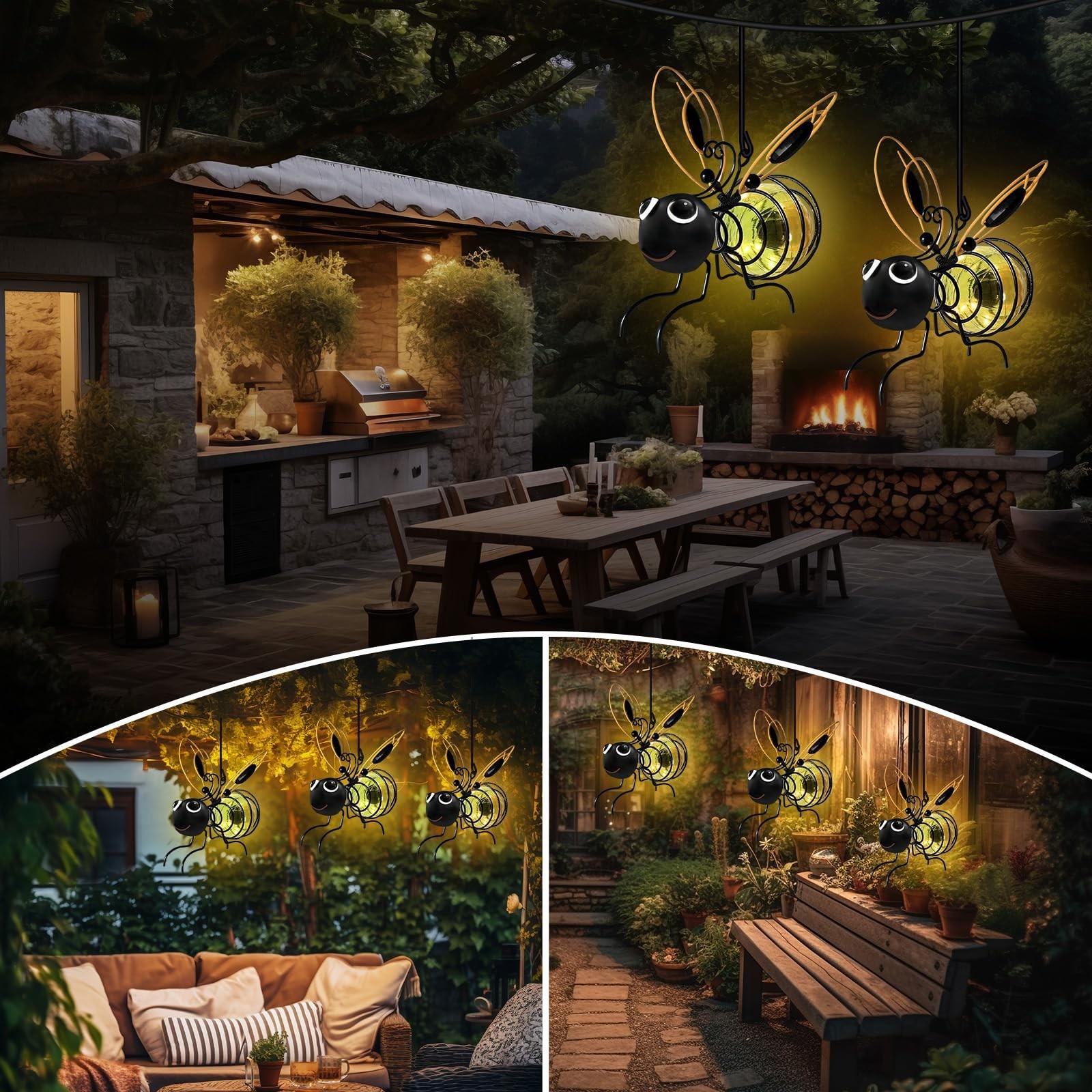 2-Pack Bee Door Hanger Decor, Outdoor Waterproof Metal LED Garden Light, Solar Powered, Spring Decoration, Porch, Yard, Gift