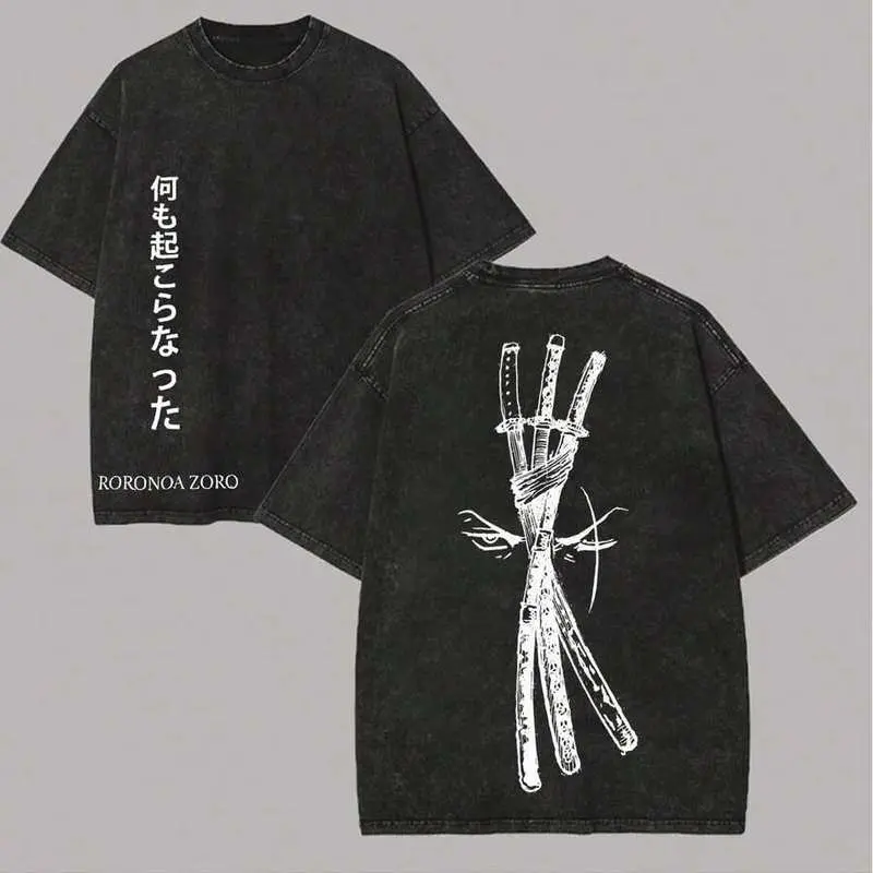One Piece Roronoa Zoro Nothing Happened Japanese Quote Vintage Washed Black Oversized T-Shirt Streetwear
