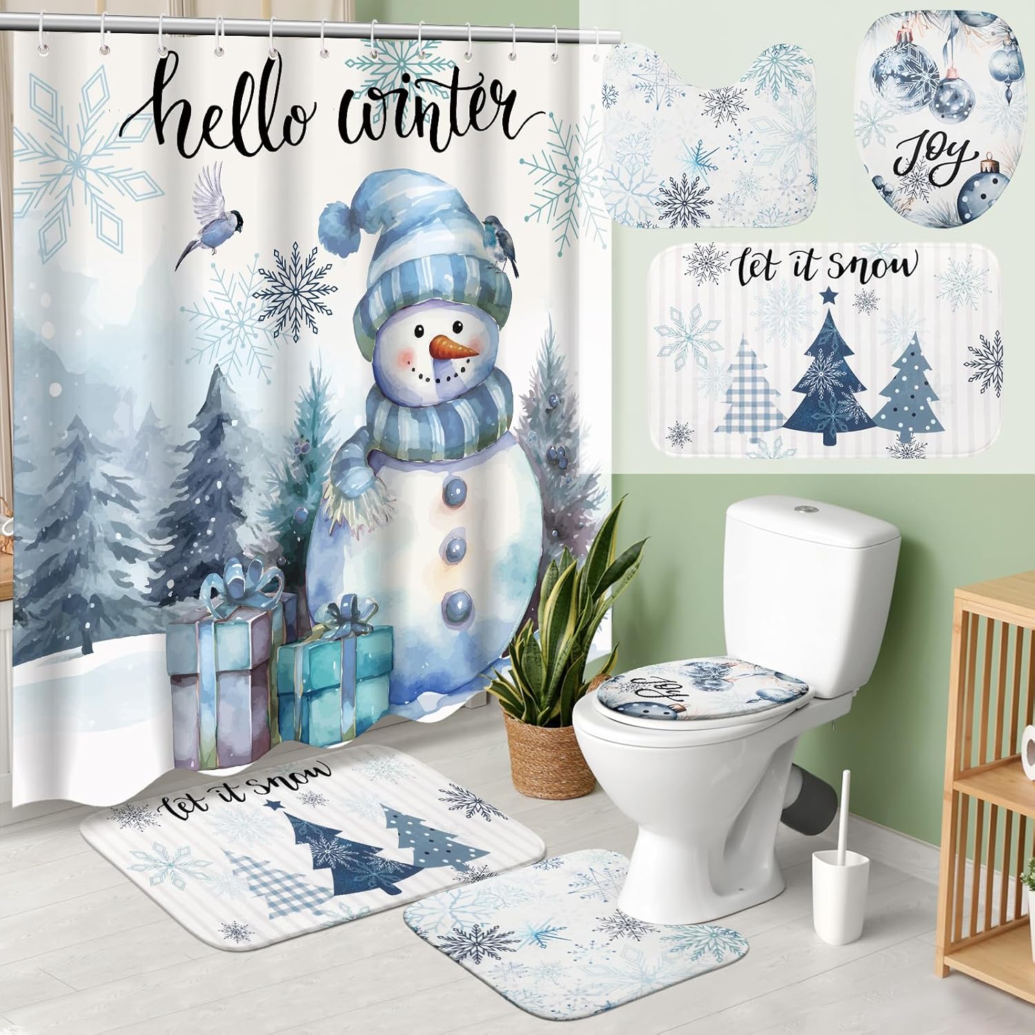 4 Pcs Christmas Shower Curtains Set with Non Slip Rug Winter Christmas Bathroom Decor Toilet Lid Cover and Bath Mat Snowman Shower Curtain with 12 Hooks for Xmas Bathroom Decor