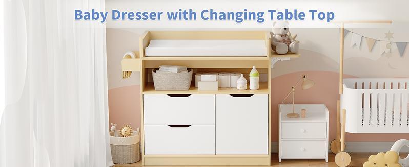 LInor Baby Changing Table Dresser with 3 Drawers and 1 Storage Shelves, Baby Changing Station with Light Wooden and White Finish Newborn Nursery LInor Baby Changing Table Dresser with 3 Drawers and 1 Storage Shelves, Baby Changing Station with Light Wooden and White Finish Newborn Nursery