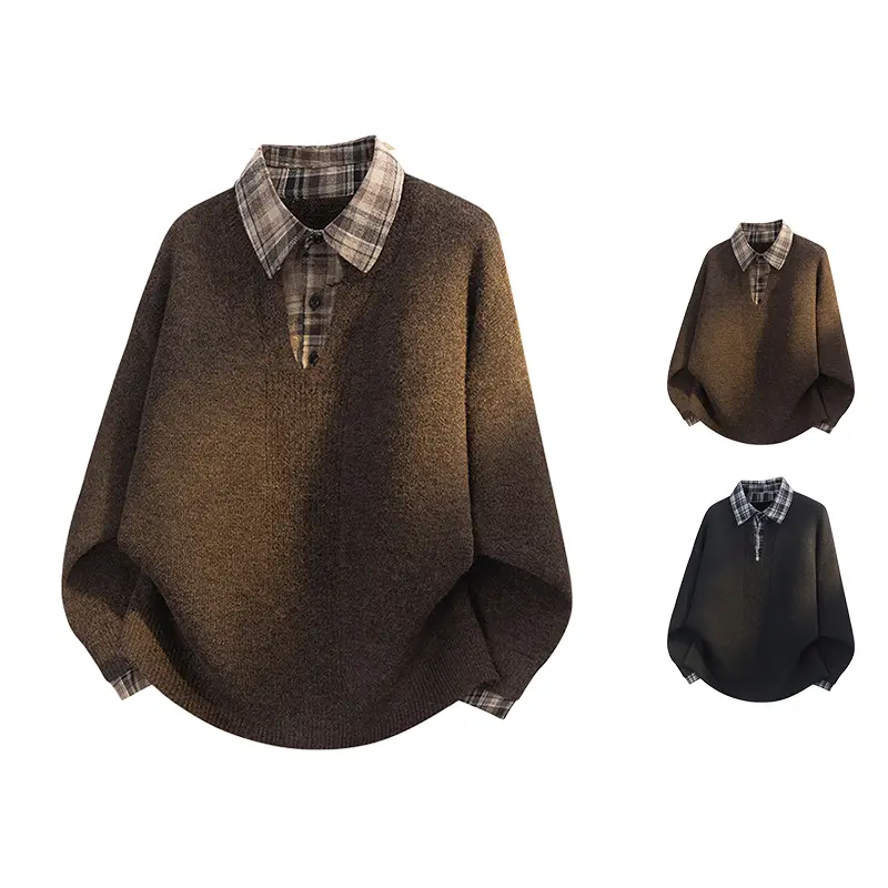 2026 Fall Winter New Men's High‑Density Alpaca Fleece Fake‑Two‑Piece Sweater With Shirt Collar, Plaid Spliced Thick Warm Knit Pullover, Soft‑Skin‑Friendly Preppy‑style Loose‑fit Casual Outerwear for Young Men Daily Campus Outfits