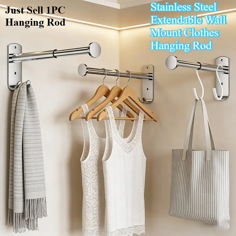 1/2pcs Stainless Steel Extendable Wall Mount Clothes Hanging Rod, Multi-function Laundry Drying Bar for Bathroom Balcony,Extendable Wall Mount Rod for Bathroom Towel & Small Garment Storage