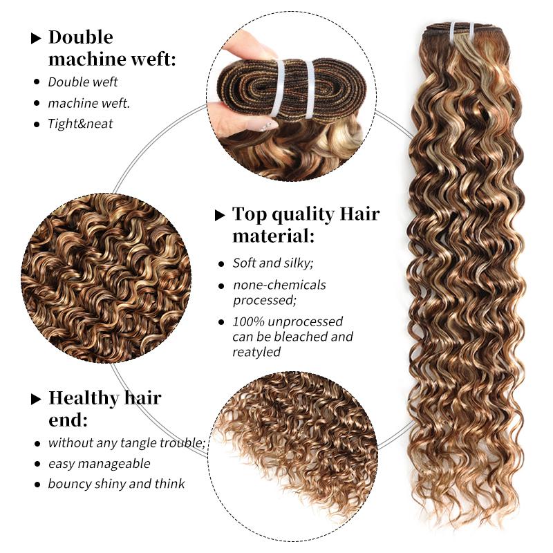 4/27/613 Water Wave Bundles Human Hair Highlight Ombre Brown Honey Blonde 613 Bundles Hair Weave Bundles for Sew In and Quick Wave Human Hair Extensions 100% Human Hair Extensions Colored Human Hair Bundles