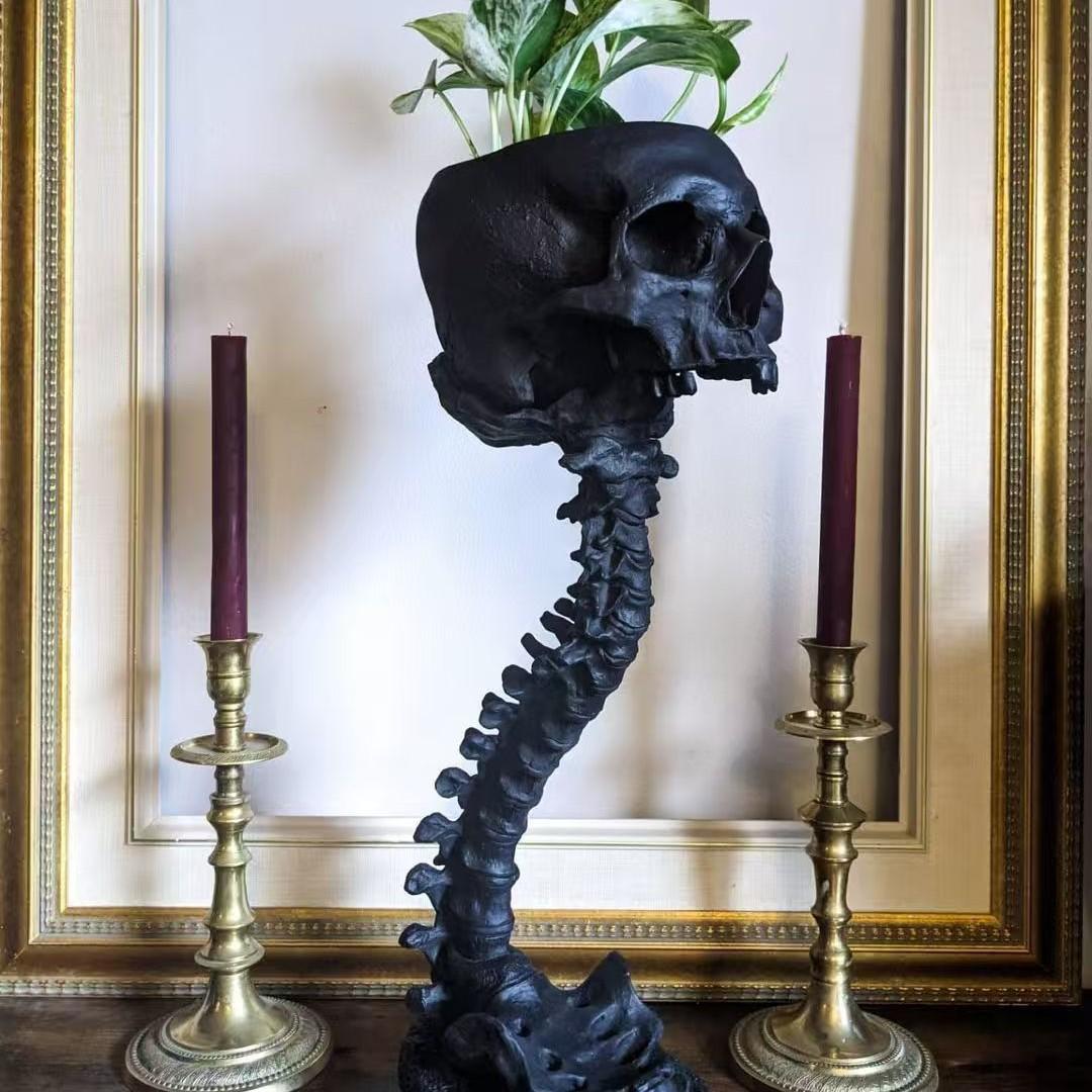 Human Skeleton Skull Planter & Spine Stand, Gothic Flower Pot, Halloween Home Decoration, Unique Decorative Item for Festive Settings