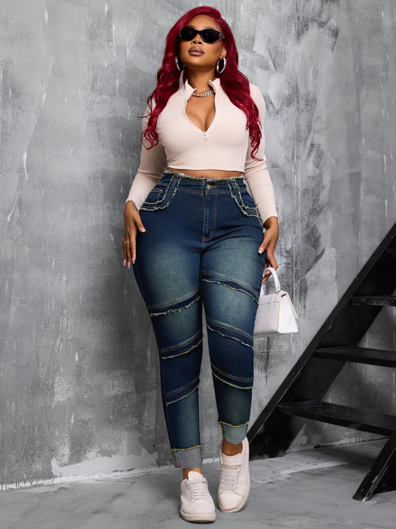 【Plus Size】 Raw Hem High Waist Dark Wash Stretchy Denim Jeans, Basic Comfy Slim-fitting Outfits Women's Bottoms for Summer