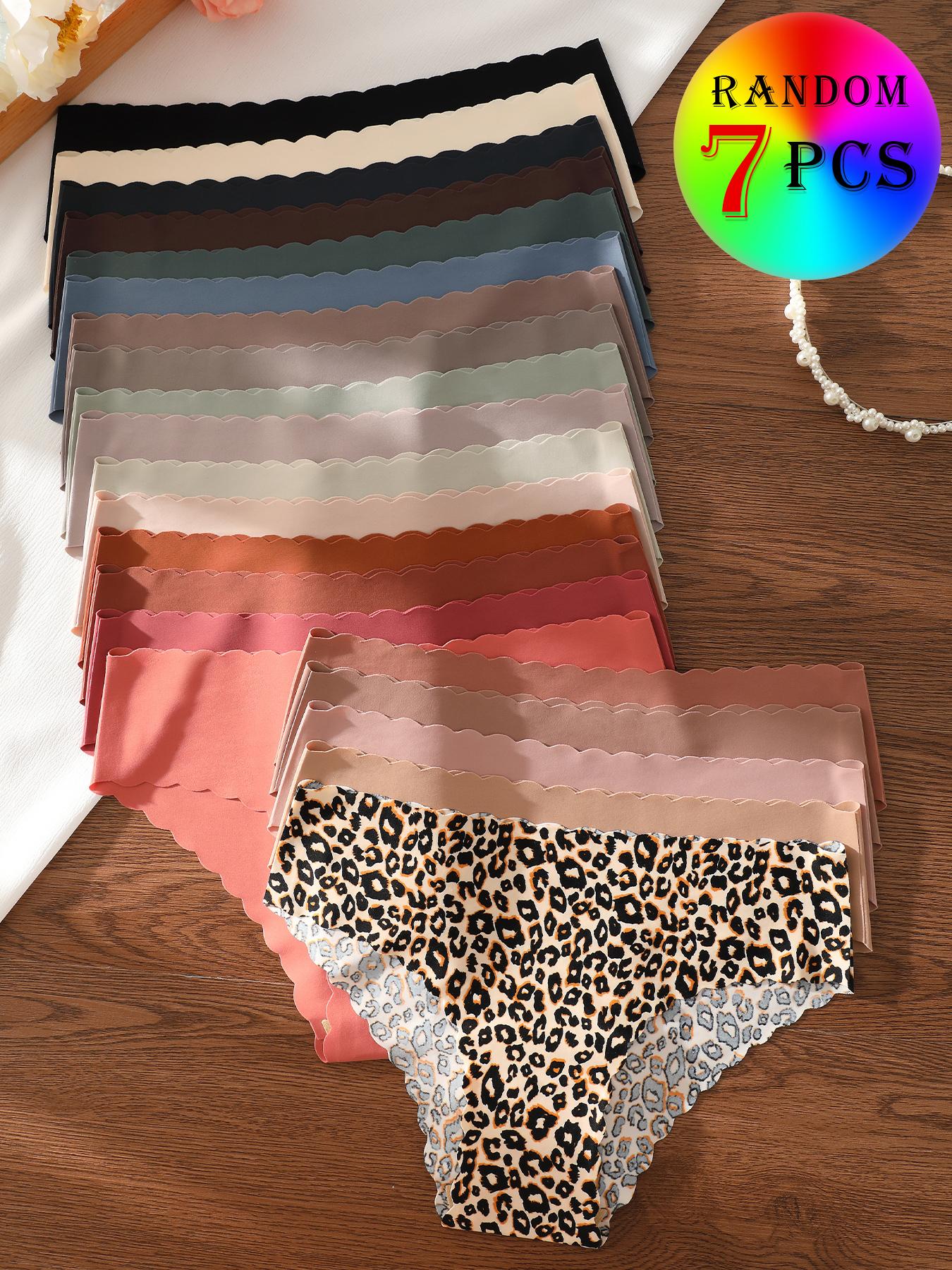 7-piece set of randomly colored wave-edged seamless one-piece triangle panties, Seamless Crotch Design, leopard print and solid color mix, sexy, comfortable, stretchy, and smooth women's underwear