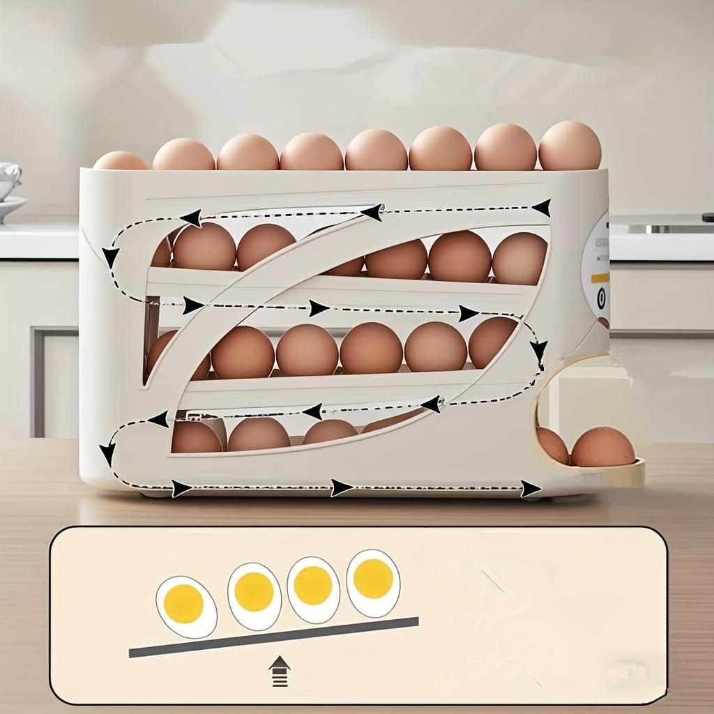4-Layer Refrigerator Egg Storage Container Holds 32 Eggs, Side Door Design for Kitchen Organization, Automatic Rolling Multi-Layer Large Capacity Egg Tray