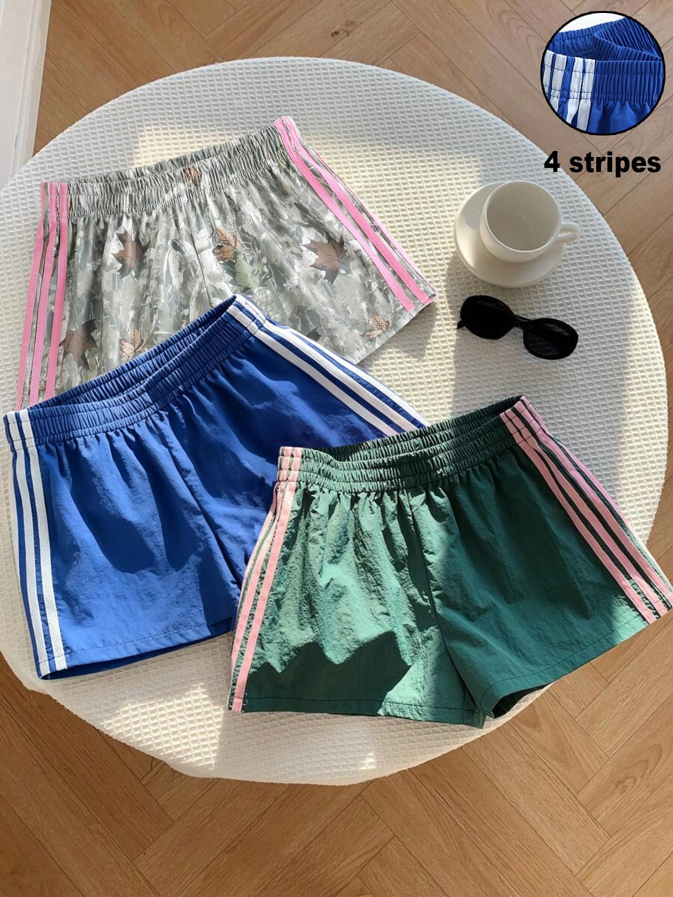 Trendy Comfortable 3-Piece Women's Casual Loose Short Pants, Side Stripe Design, Striped, Elastic Waist, Perfect for Spring Summer Carnival Activities, Casual Fashionable Shorts