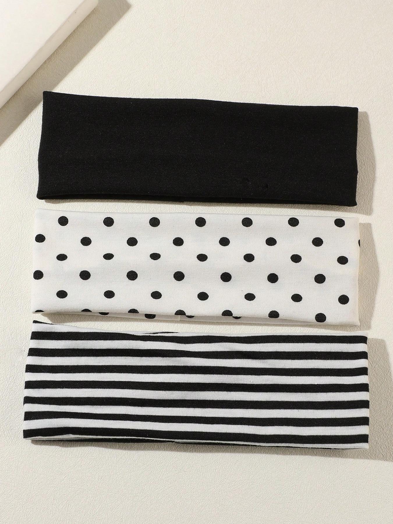 3pcs Black & White Polka Dot + Striped Elastic Sweatband, Suitable For Daily Life, Yoga, Workout, Travel, Women Hair Accessories Headbands For Women Fashion Head Wrap, School Stuff, College Autumn Accessories Women Hair Band