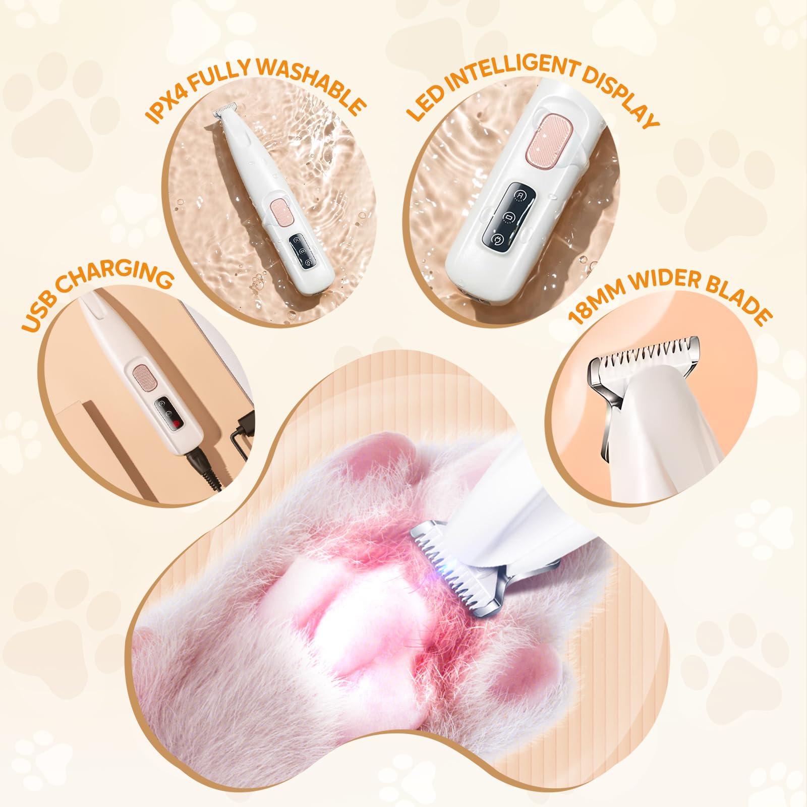 Dog Paw Trimmer with LED Light, Upgraded Paw Trimmer for Dogs, Electric Dog Clippers for Groomming with Led Display, Waterproof Low Noise Pet Hair Shaver for Dogs Cats