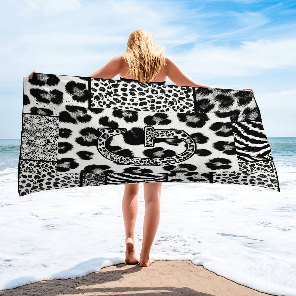 Leopard Print Letter Beach Towel, Black White Animal Patchwork Beach Blanket, Quick Dry Sand Free Bath Towel for Swimming Pool Camping, Monogram Initial Decor for Kids Teens Adults