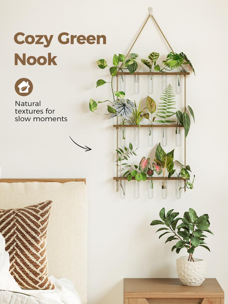 BamWorld Hanging Plant wall planter Propagation Station Glass Terrarium with 3 Tiered Wooden Stand 15 Glass Tubes for Hydroponic Plant Wall Hanging Planter Gift for Plant Lover Home Decor Bedroom Deco