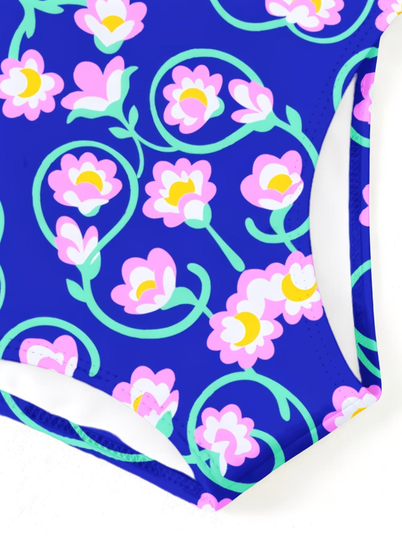 Floral Print Girls' Jumpsuit, Cute Cartoon Design, Ruffled Quick-Dry Swimwear, Fashionable Beach Party, Slim-Fit Style