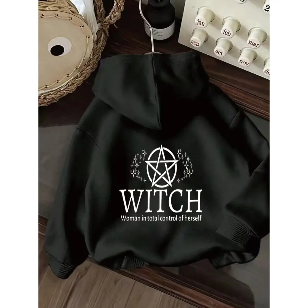 1. Unisex Witch Pentagram Woman In Total Control Of Herself Graphic Hoodie, summervibes Mystical Witchy Quote Hooded Pullover, Relaxed Fit Soft Breathable Sweatshirt, Gothic Spooky Season Top for Halloween, Witch Lover Gift and Daily Outfit