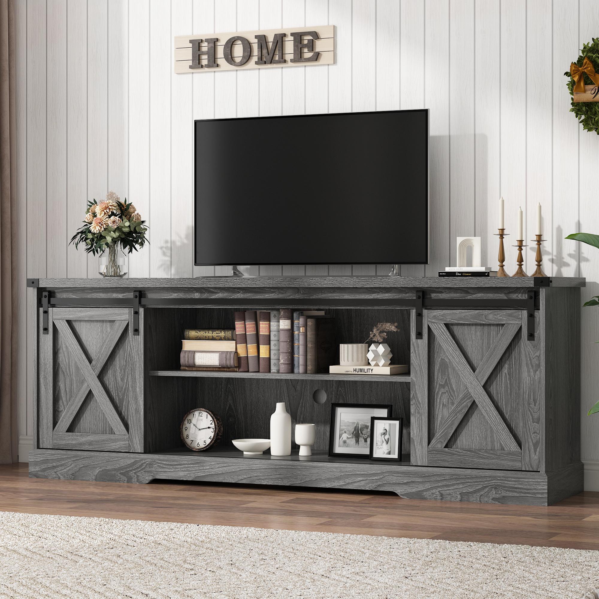 Farmhouse TV Stand for 70/75/80 Inch TV, 58/70 inch Entertainment Center Storage Cabinets with Sliding Barn Doors, Media Console Cabinet for Living Room, White/Grey/black