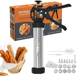 21-Piece Cookie Press Set & Churro Maker Machine – Stainless Steel Baking Gun for Spritz Cookies, Hollow Churros, and Pastry – Includes 6 Nozzles, 9 Discs, Piping Bag, and 2 Brushes