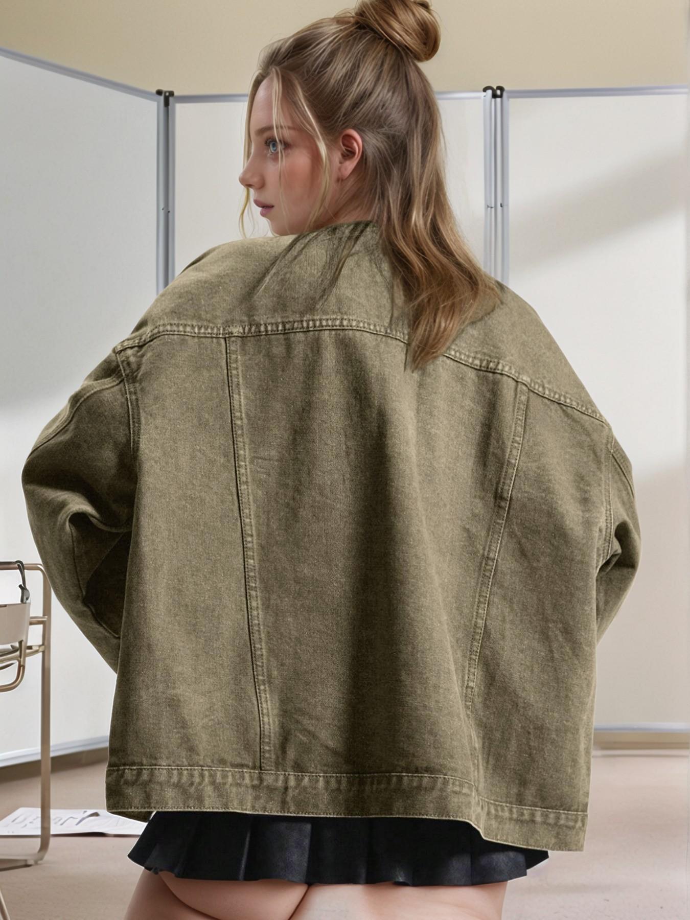 Women's Plain Basic Button-Front Drop-Shoulder Fitted Denim Jacket Coats, Casual Long-Sleeve Collared Pocket Outerwear for Daily Wear, Aesthetic Womenswear