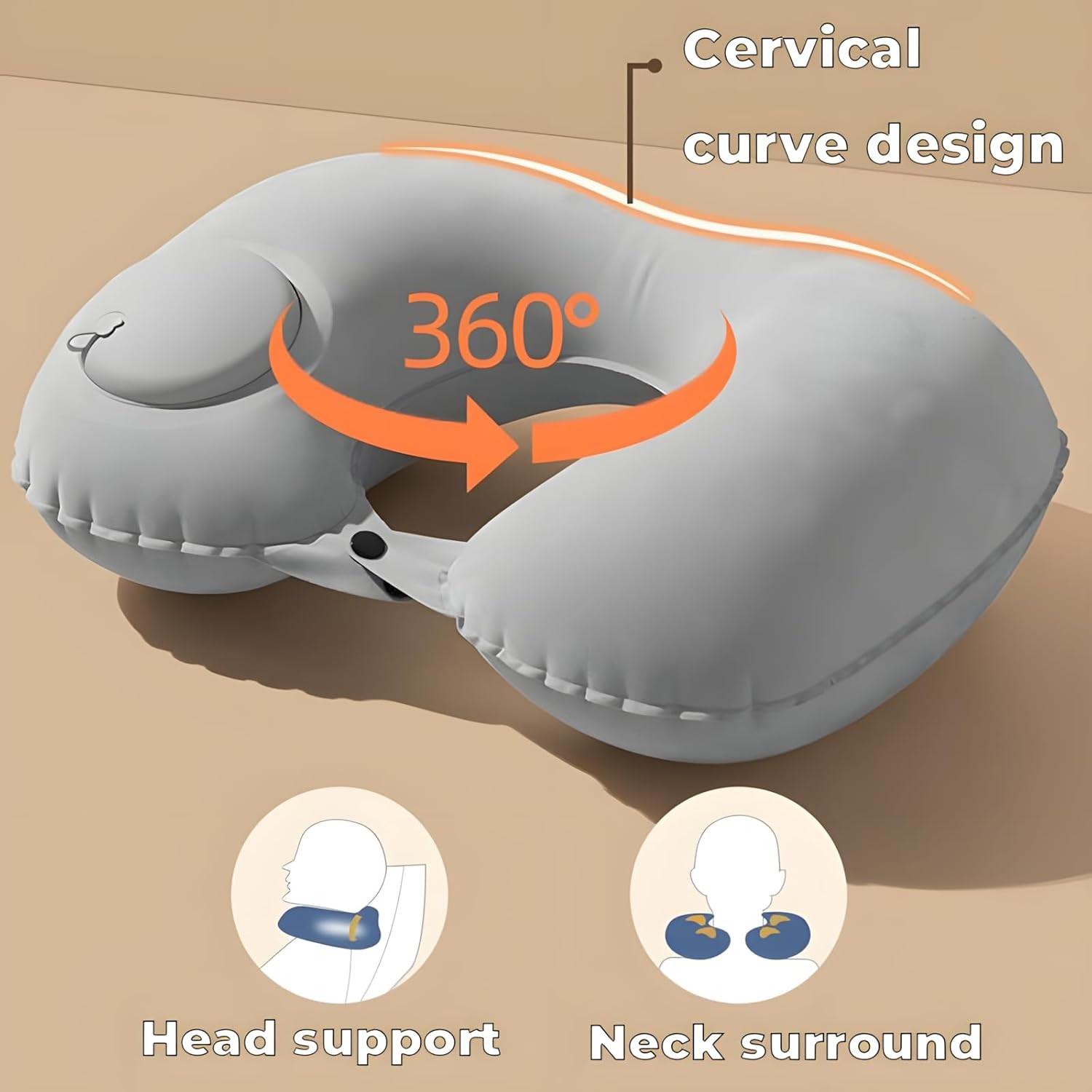 Inflatable Travel Pillow for Airplane Neck Support, Quick-Inflate Neck Pillow for Long Flights, Car, Office, Portable Bath Pillow