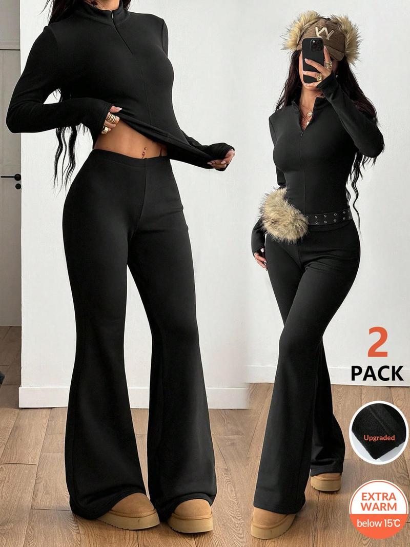 Women's Fall Winter Streetwear Casual Sporty Basic Knit Fleece Pullover High Neck Long Sleeve T-Shirt and Bell Bottoms Two-Piece Set