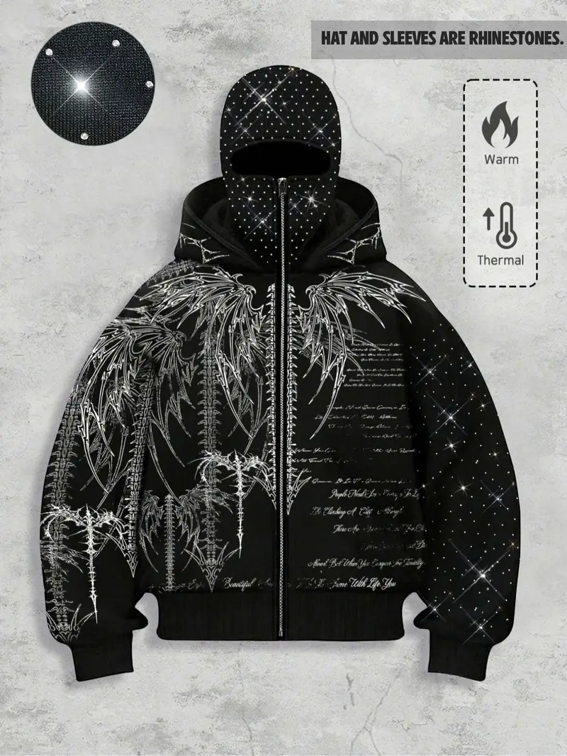 【Black Friday】Unisex Loose Rhinestone-Embellished Zipper Hoodie, Eye Print Warm Fleece-Lined Hooded Sweatshirt, Autumn and Winter Wear, Hip-Hop Street Style Graphic Top for Nightclubs and Music Festivals