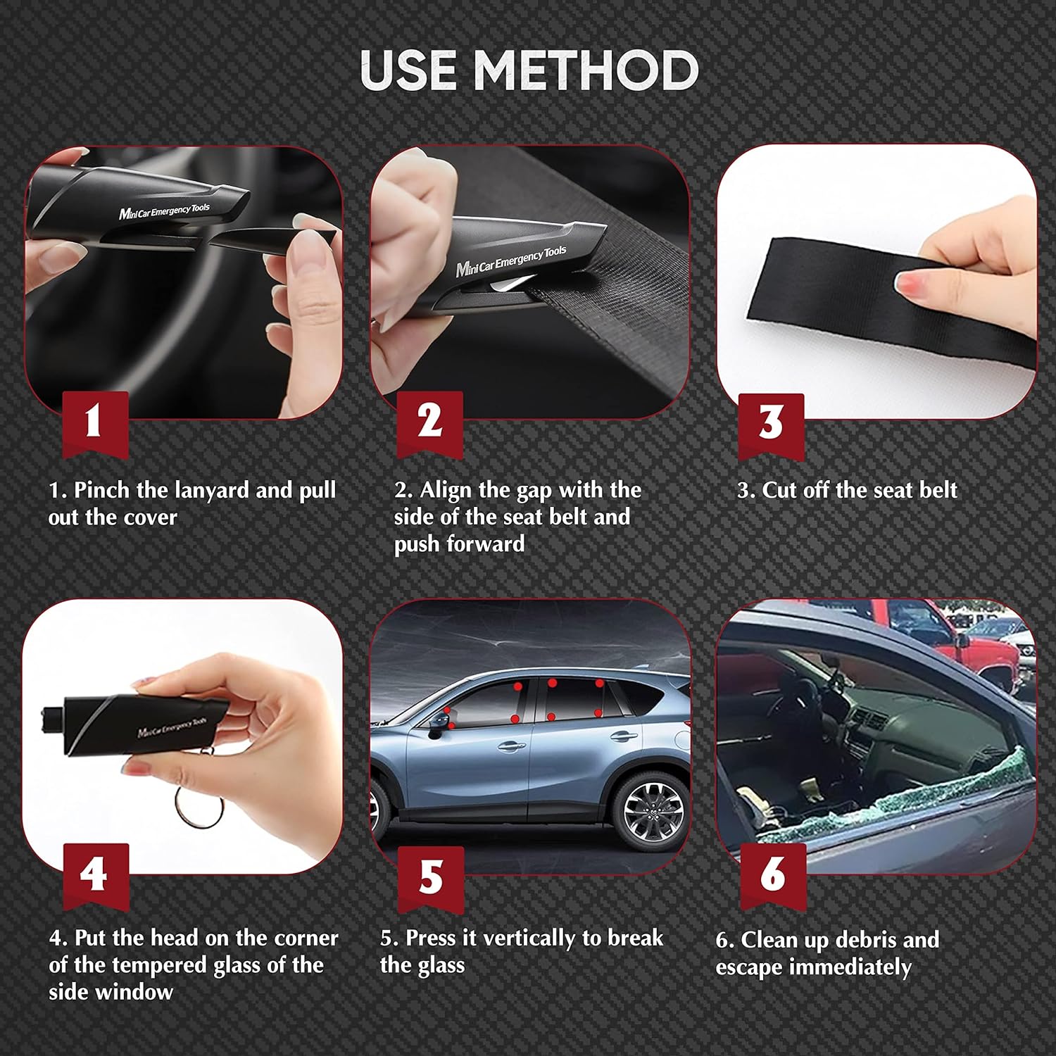 Car Window Breaker Keychain, Glass Shatter Tool, Seatbelt Cutter, Emergency Escape Kit, Underwater Safety Hammer, Car Accessory, 3-In-1 Car Survival Gear