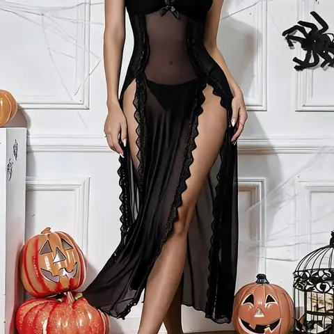 Halloween Women's Lace Camisole Dress, V-Neck Sleepwear with Side Slits, Casual Daily Wear Nightgown, Sexy Plain Surface Design, Aesthetic