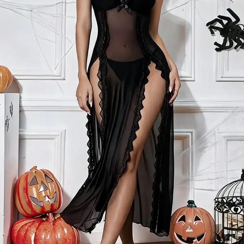 Halloween Women's Lace Camisole Dress, V-Neck Sleepwear with Side Slits, Casual Daily Wear Nightgown, Sexy Plain Surface Design, Aesthetic