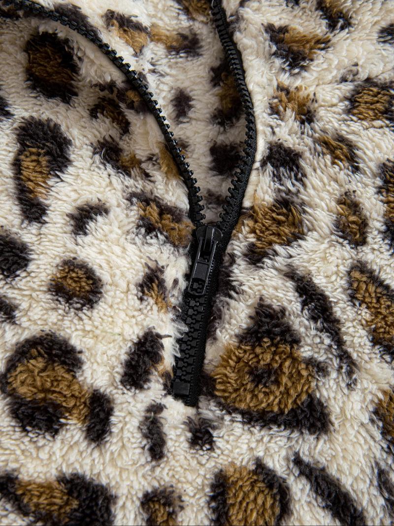Men's Leopard Print Pocket Half Zip Plush Sweatshirt, Loose Casual Long Sleeve Drop Shoulder Fuzzy Pullover for Winter, Fashion Men's Clothes for Daily Wear, Casual Sweatshirts