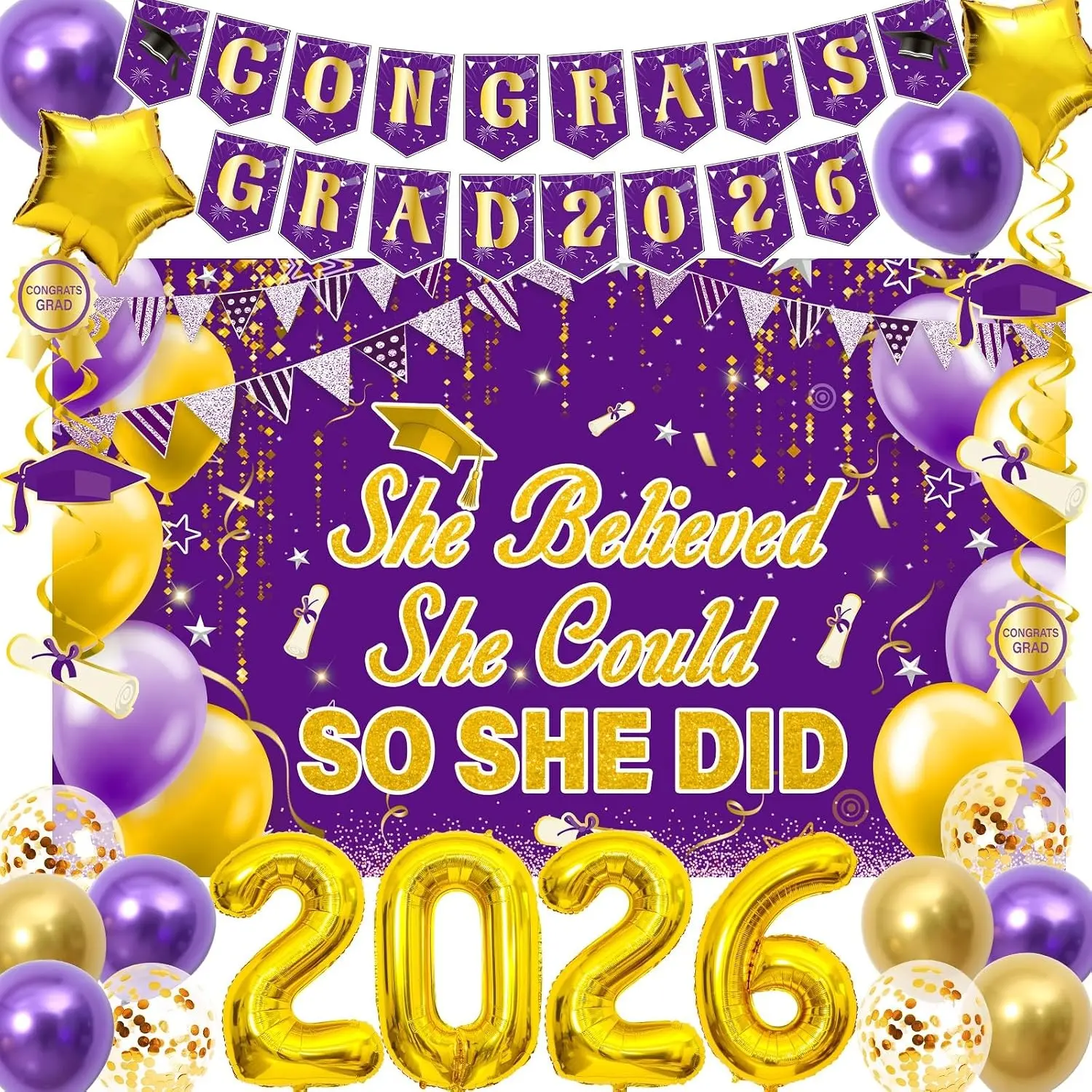 Graduation Decorations 2026, Purple Gold 2026 Graduation Party Decorations Set with She Believed She Could So She Did Backdrop Grad Banner Balloons for Girls College High School Nurse Graduation Party